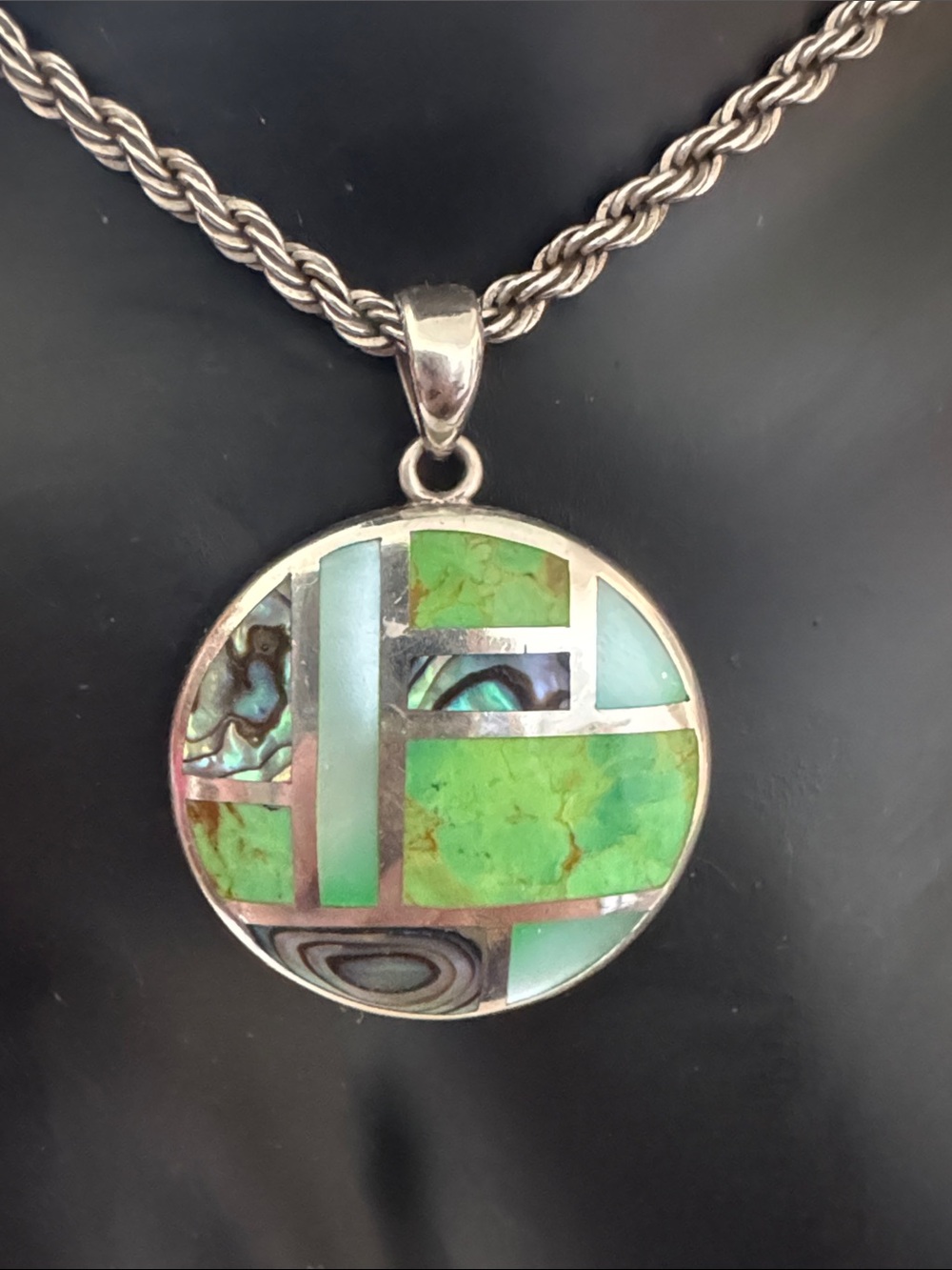 Beautiful Inlay Sterling Round Pendant & Rope Chain